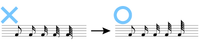 加線がたくさん付く音符の場合は、符尾をすべて第3線まで延ばす