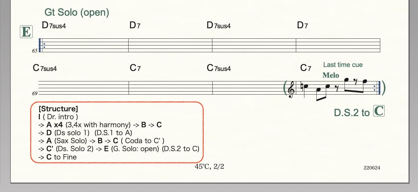 スムーズなリハーサルのため、曲の構造を明示する。